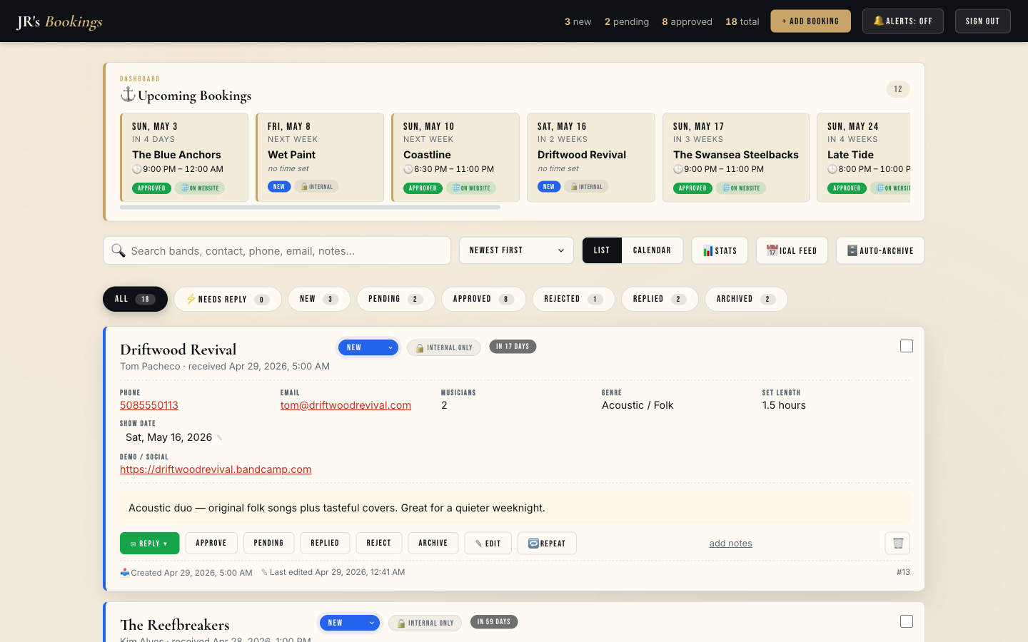 JR's admin dashboard