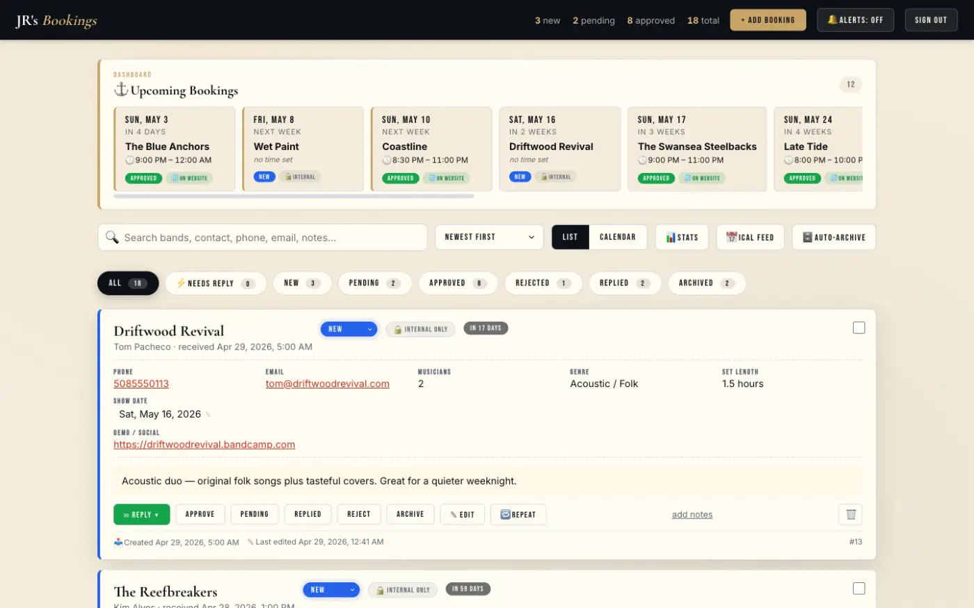 JR's admin dashboard