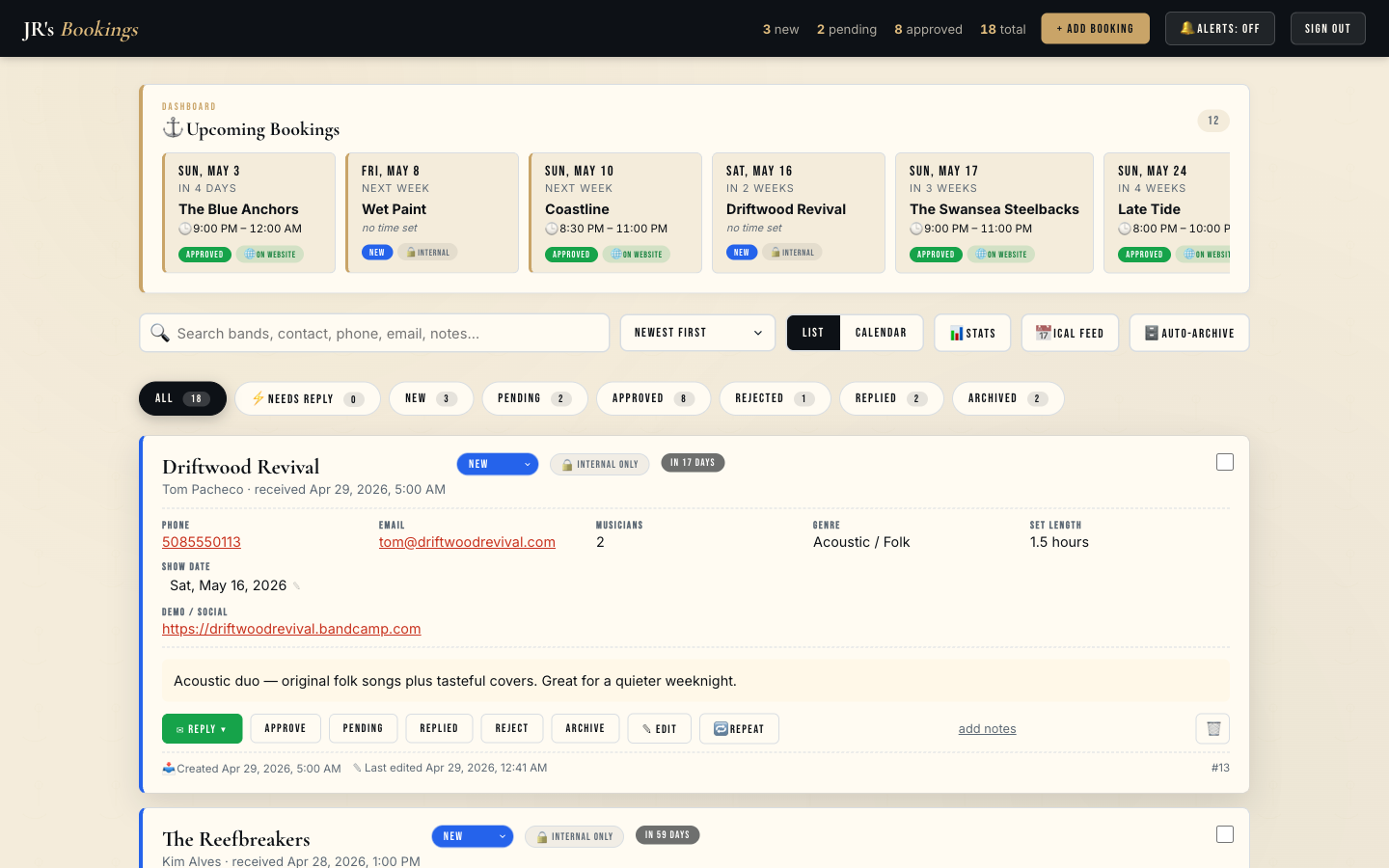 JR's admin bookings list