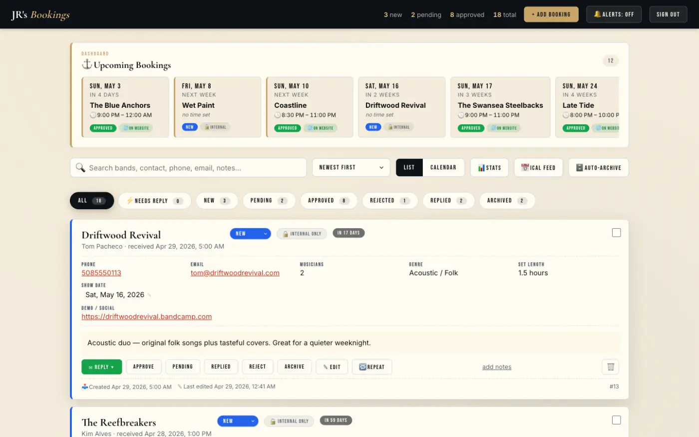 JR's admin bookings list