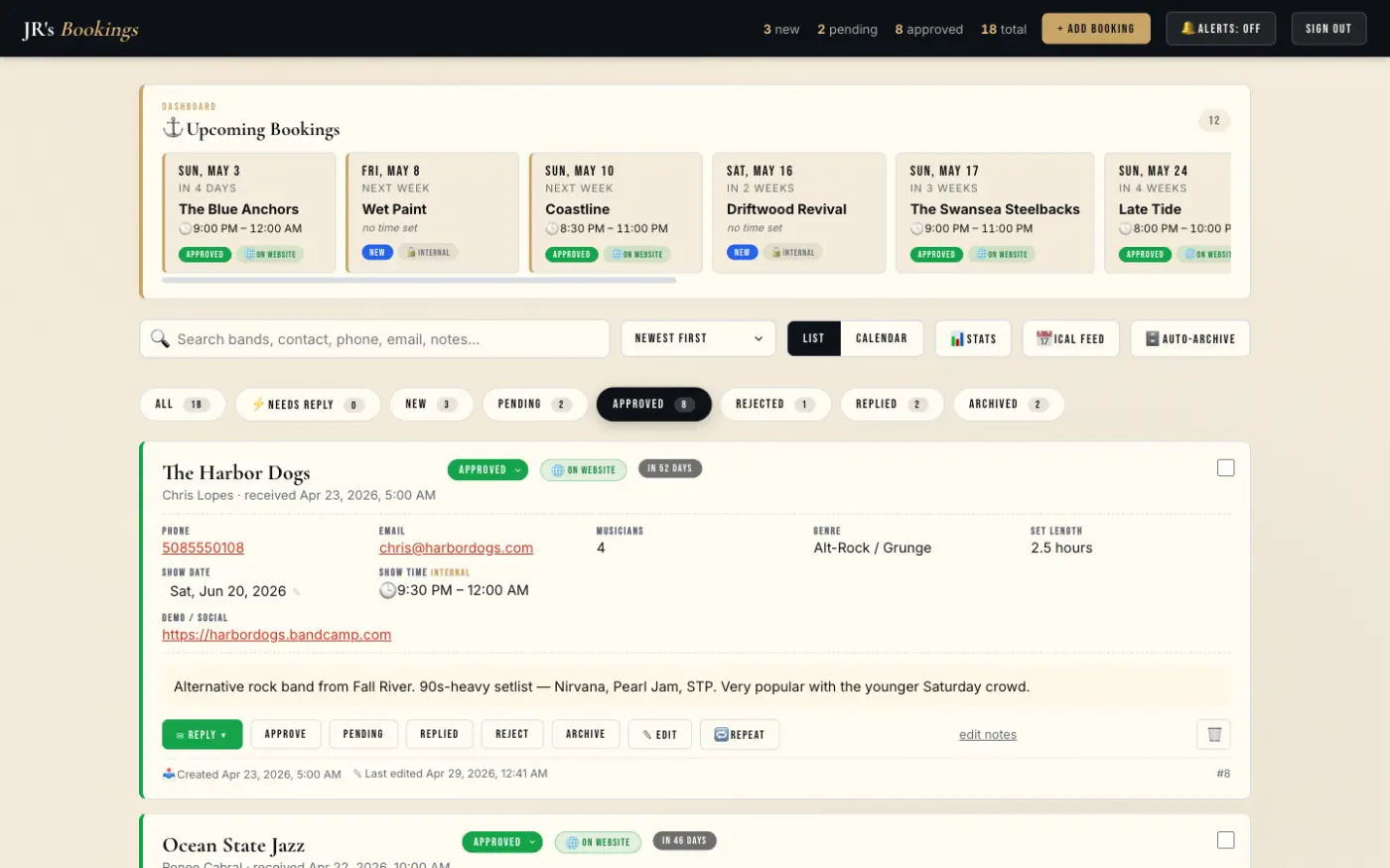 JR's admin approved bookings