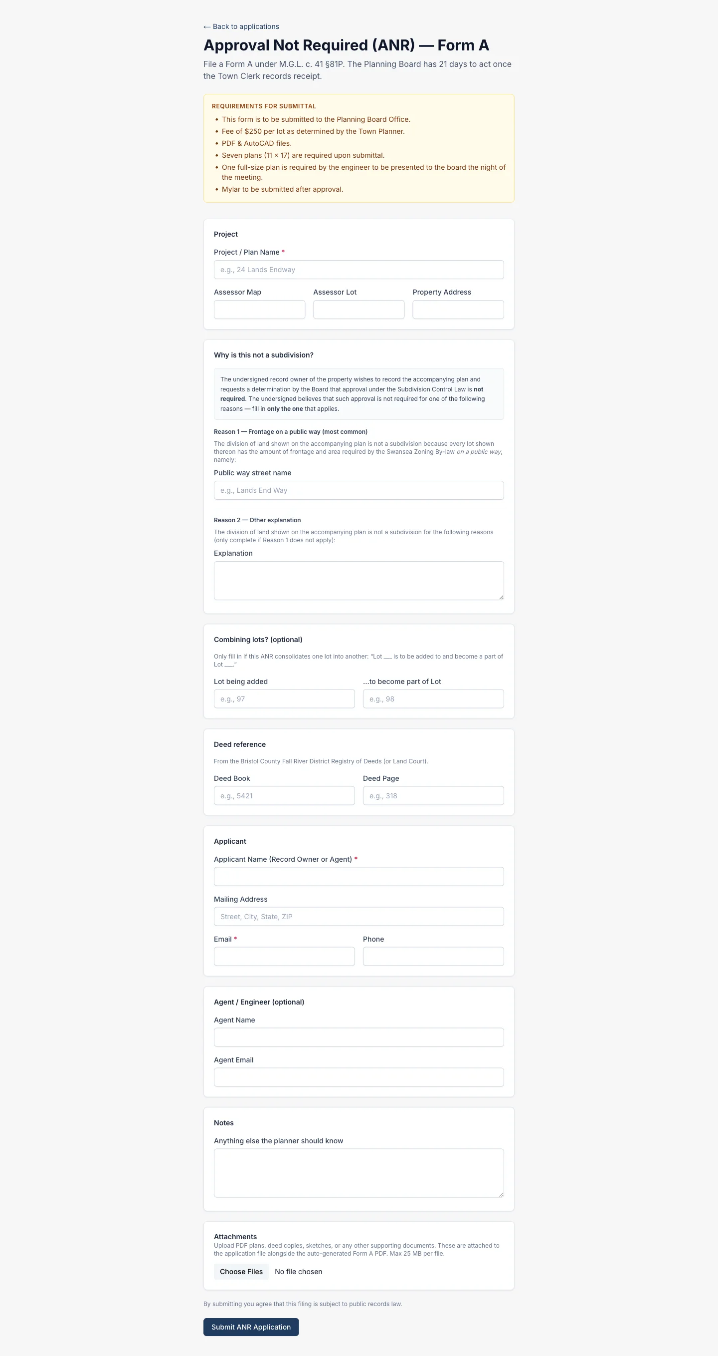 Public ANR Form A application